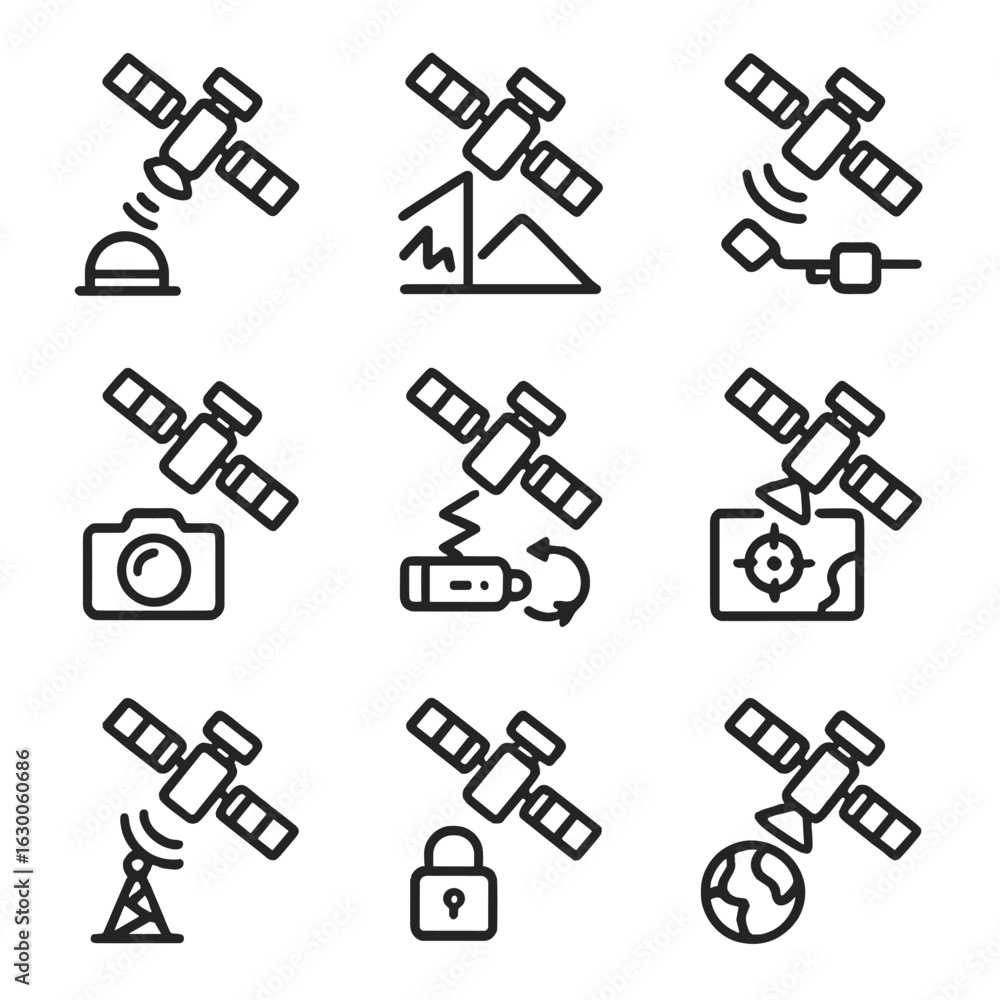 Obraz premium Spy Satellite Icon Set. Outline icon set of spy satellite functions: surveillance, reconnaissance, signal interception, imaging,