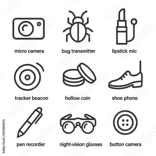 Spy Gadget Icons. Outline icon set of spy gadgets: micro camera, bug transmitter, lipstick mic, tracker beacon, hollow coin, shoe