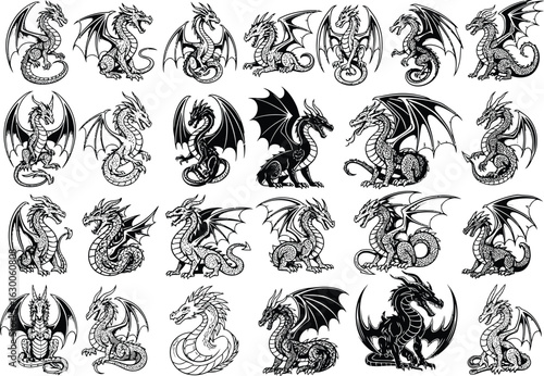 Collection of intricately detailed black and white dragon illustrations showcasing a variety of mythical creatures in dynamic poses