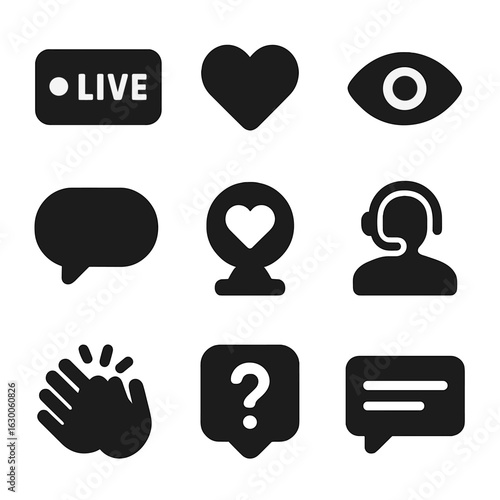 Live Stream Icons. Solid, filled icons set of live stream interaction: live badge, heart react, viewer count,