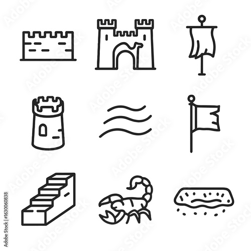 Desert Fortress Icons. Outline icon set of desert fortress: sand wall, camel gate, desert banner, stone tower, hot wind, sun-dried