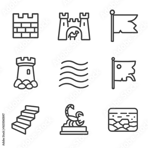 Desert Fortress Icons. Outline icon set of desert fortress: sand wall, camel gate, desert banner, stone tower, hot wind, sun-dried