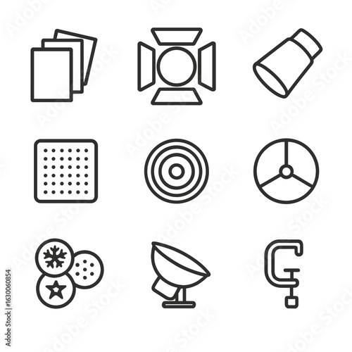 Stage Lighting Icons. Outline icon set of stage lighting accessories: gels, barn doors, snoot, diffuser, lens, color wheel, gobos,