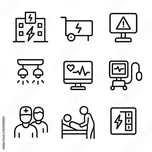 Healthcare Blackout Icons. Outline icon set of blackout in healthcare: power outage in hospital, emergency generator, medical