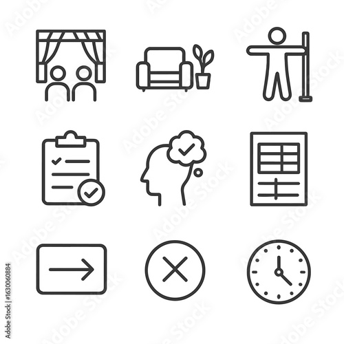 Stage Prep Icons. Outline icon set of stage readiness: final rehearsal, green room, warm-up zone, quick review, mental prep,