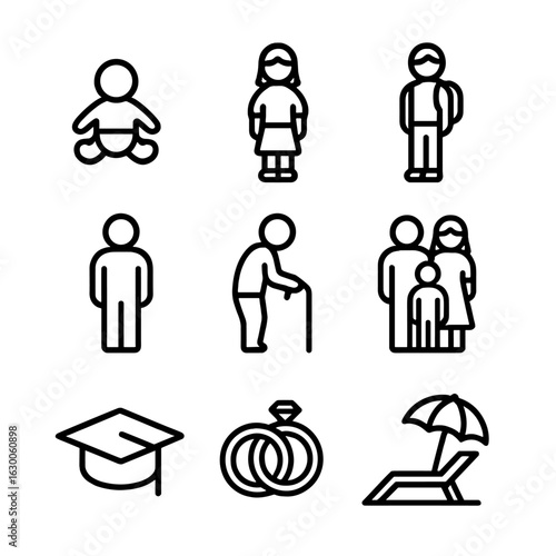 Stages of Life Icons. Outline icon set of stages of life: baby, child, teenager, adult, elderly, family, graduation cap, wedding