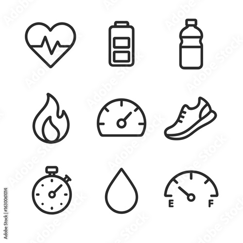 Stamina Metrics Icons. Outline icon set of stamina metrics: heart rate, energy bar, hydration, calories burned, pace meter,