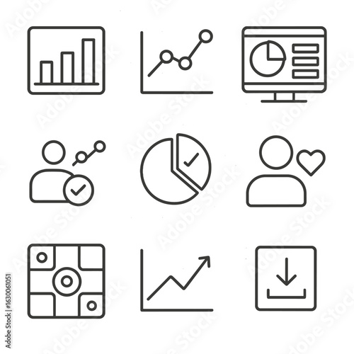LMS Analytics Icons. Outline icon set of LMS analytics and reporting: chart, graph, dashboard, user activity,