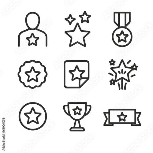 Star Icon Collection. Outline icon set of stars in culture: celebrity silhouette, rating star, star medal, star badge, star