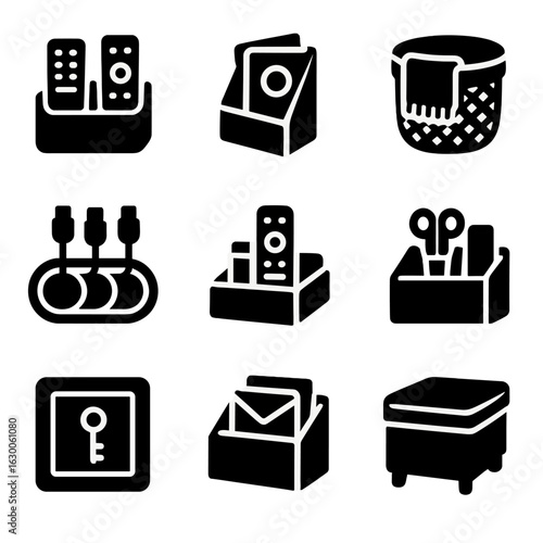 Living Room Icons. Solid, filled icons set of organizing living room essentials: remote holder, magazine bin,