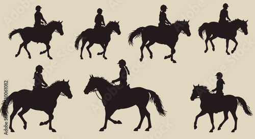 Silhouettes of people riding horses in various gaits, equestrian poses.