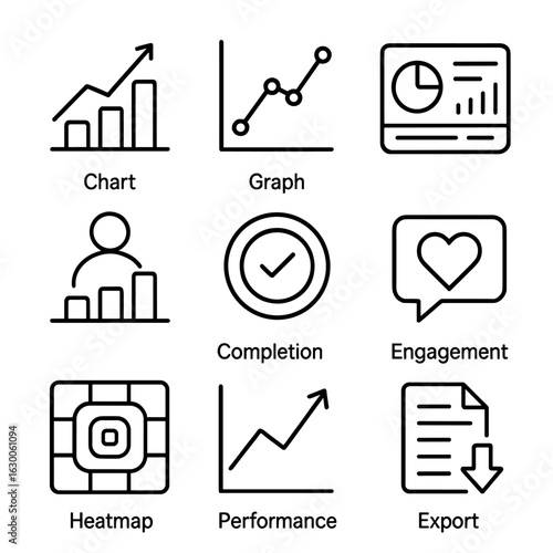 LMS Analytics Icons. Outline icon set of LMS analytics and reporting: chart, graph, dashboard, user activity,