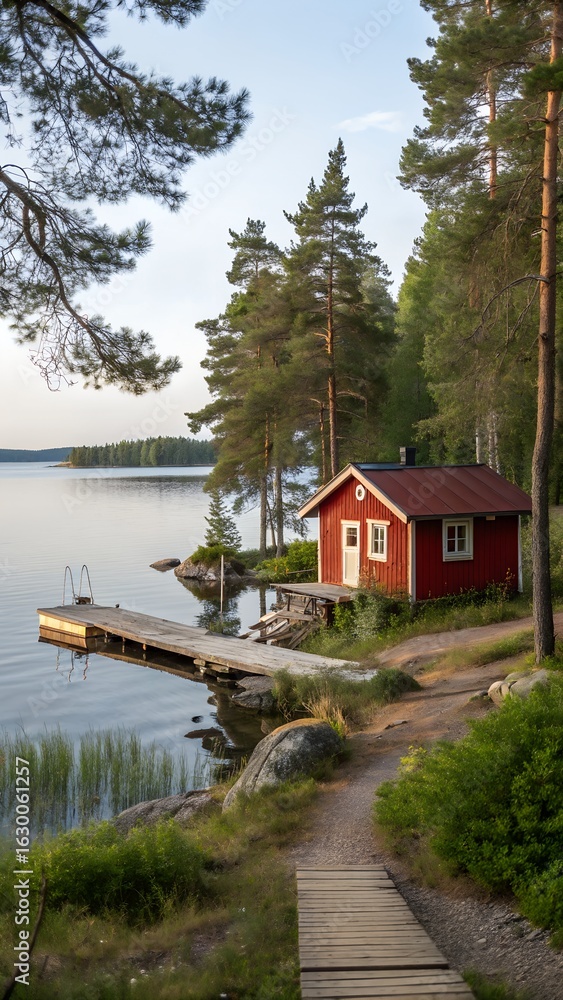 Fototapeta premium View on red holiday cabin by a lake in Stockholm archipelago of the lake in Finland.