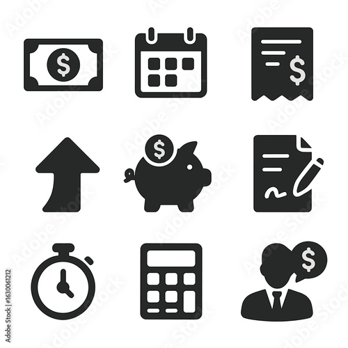 Loan Strategy Icons. Solid, filled icons set of Loan repayment strategies: dollar bill, calendar, payment