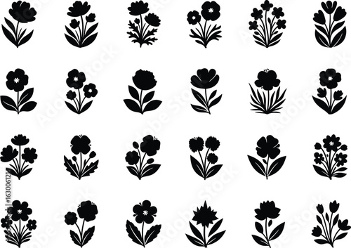Collection of twenty four unique black floral silhouette icons with a subtle textured background for design elements