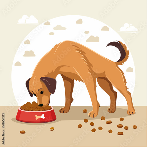 A playful vector illustration of a cute dog happily eating kibbles from a food bowl, depicted in a colorful and minimal cartoon style with clean lines, friendly features, and joyful energy
