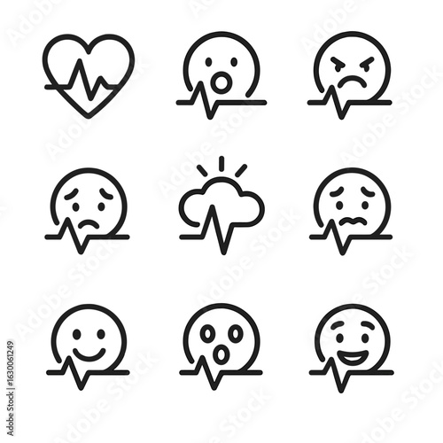 Heartbeat Emotion Icons. Outline icon set of heartbeat in emotions: love, excitement, fear, stress, anxiety, joy, panic,