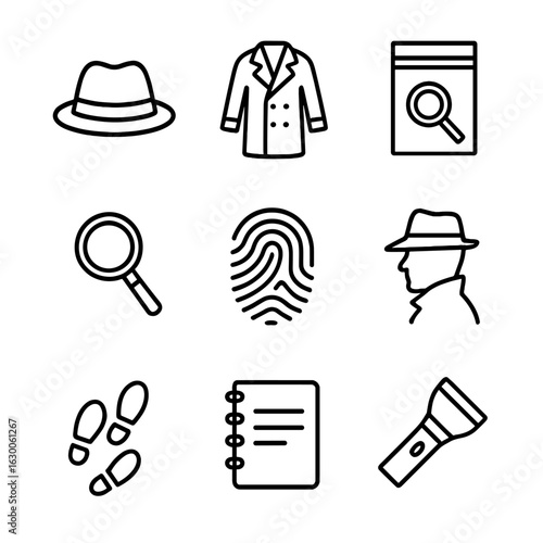 Detective Icon Set. Outline icon set of detective mystery: detective hat, trench coat, evidence bag, spyglass, fingerprint,