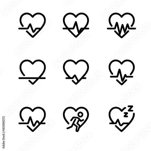 Heartbeat Icon Set. Outline icon set of heartbeat variations: slow heartbeat, fast heartbeat, irregular heartbeat, flatline,