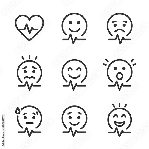 Heartbeat Emotion Icons. Outline icon set of heartbeat in emotions: love, excitement, fear, stress, anxiety, joy, panic,