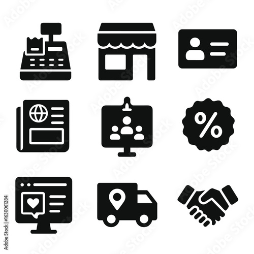 Local Business Icons. Solid, filled icons set of small business local campaigns: cash register, shopfront,