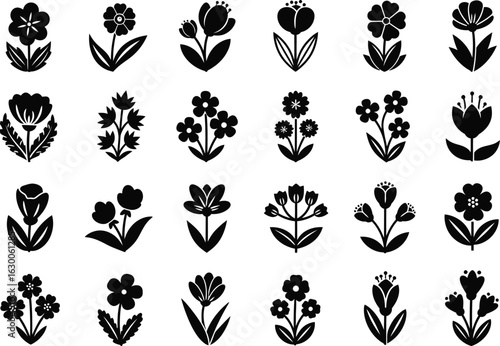 Collection of twenty four stylized black and white floral icons featuring tulips and other simple flower designs with a textured outline
