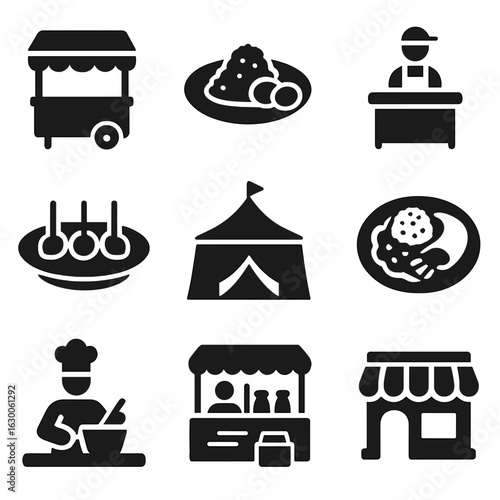 Local Cuisine Icons. Solid, filled icons set of local cuisine exploration: street food stall, traditional dish
