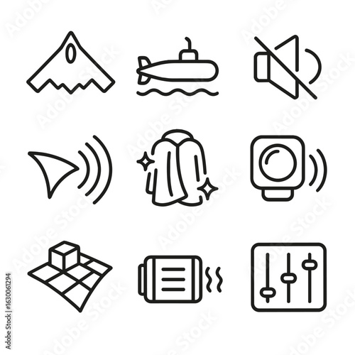 Stealth Technology Icons. Outline icon set of stealth technology: stealth aircraft silhouette, silent submarine outline,