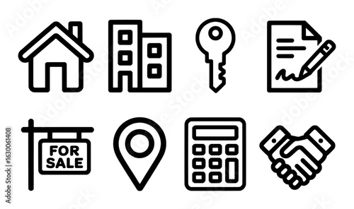 Real estate icons house key document calculator handshake location sign building