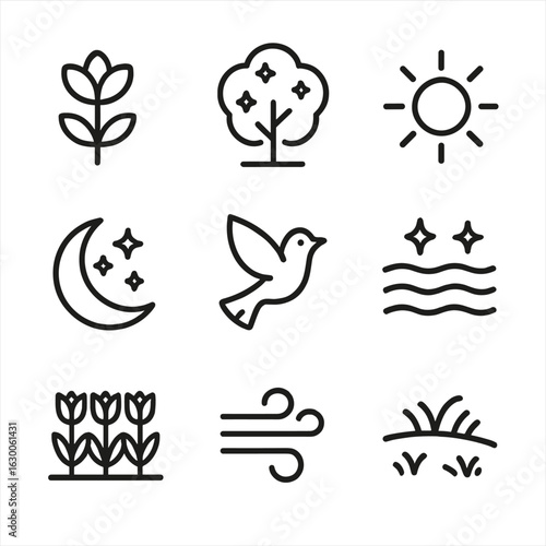 Heavenly Nature Icon Set. Outline icon set of heavenly nature: blooming flower, celestial tree, glowing sun, radiant moon, flying