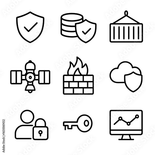 Logistics Cybersecurity Icons. Outline icon set of logistics cybersecurity: shield with checkmark, data shield