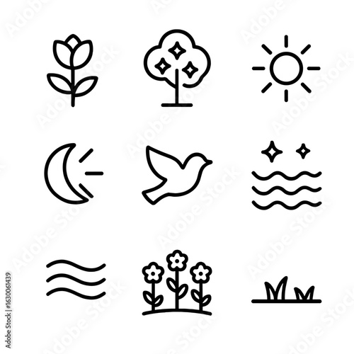 Heavenly Nature Icon Set. Outline icon set of heavenly nature: blooming flower, celestial tree, glowing sun, radiant moon, flying