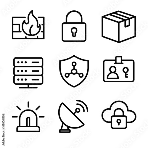 Logistics Security Icons. Outline icon set of digital security in logistics: firewall, lock, package, server,