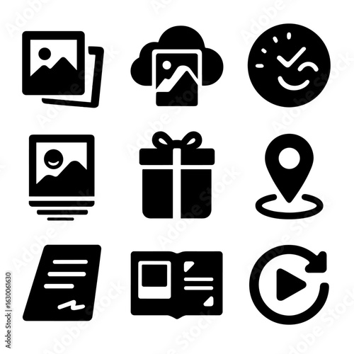 Lost Connection Memories Icons. Solid, filled icons set of lost connection memories: shared photo frame,