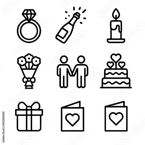 Love Celebration Icons. Outline icon set of love celebration parties: ring with diamond, champagne bottle,