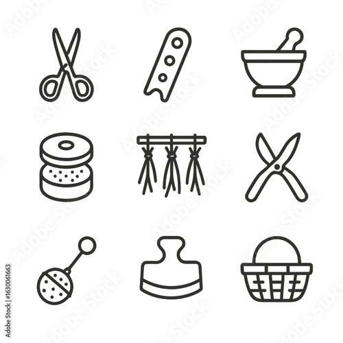 Herb Tool Icons. Outline icon set of herb tools: herb scissors, herb stripper, mortar and pestle, herb grinder, drying rack,