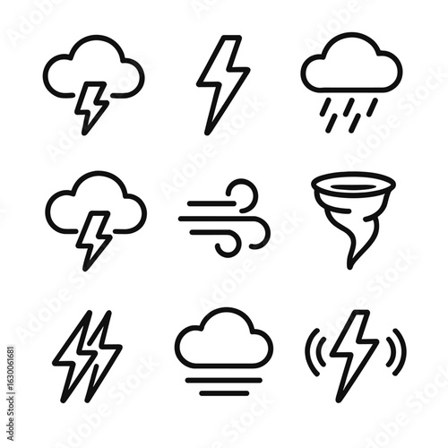 Storm Icon Set. Outline icon set of sky unrest: thundercloud, lightning flash, heavy rain, rolling thunder, gusty wind, storm