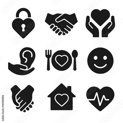 Icons of Love. Solid, filled icons set of expressions of love and trust: heart lock, handshake, comforting