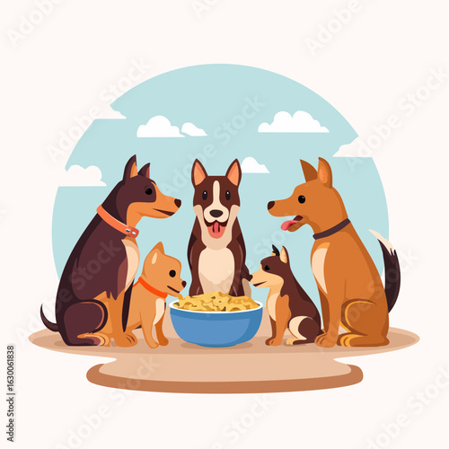 Vector illustration icon of a cheerful group of happy dogs eagerly waiting around a food bowl, tails wagging and tongues out, capturing a joyful and heartwarming feeding moment in cartoon style