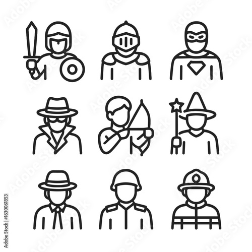 Hero Icon Set. Outline icon set of hero types: warrior, knight, superhero, vigilante, archer, mage, detective, soldier,