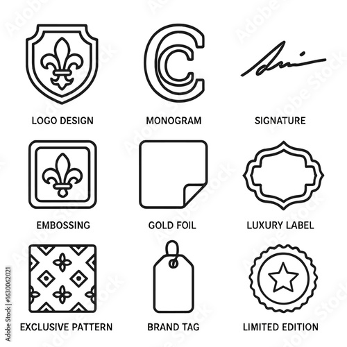 Luxury Brand Icon Set. Outline icon set of luxury brand elements: logo design, monogram, signature font,