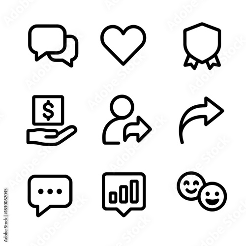 Stream Interaction Icons. Outline icon set of stream interaction: chat messages, likes, subscriber badge, donation, follower