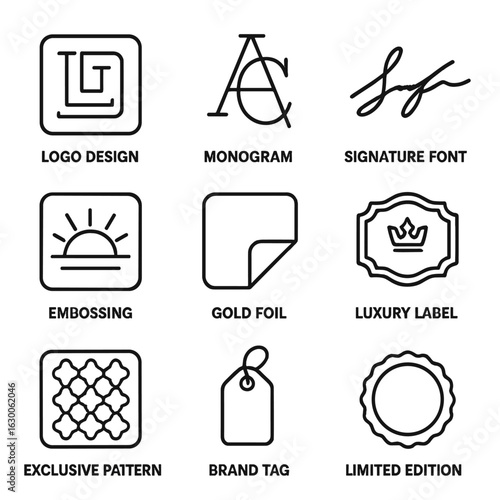 Luxury Brand Icon Set. Outline icon set of luxury brand elements: logo design, monogram, signature font,