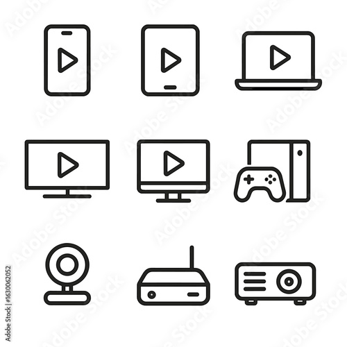 Streaming Devices Icons. Outline icon set of streaming devices: smartphone, tablet, laptop, smart TV, desktop, gaming console,