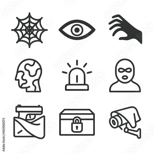 Hidden Dangers Icons. Outline icon set of hidden dangers: spider web, lurking eye, shadow hand, camouflage, silent alarm, masked