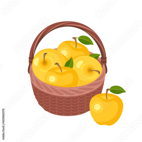 Basket with yellow apples. Vector flat illustration. Cartoon fresh fruit. Harvest icon.