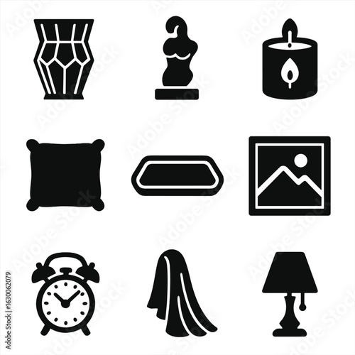 Luxury Decor Icons. Solid, filled icons set of luxury home decor presents: crystal vase, marble sculpture,