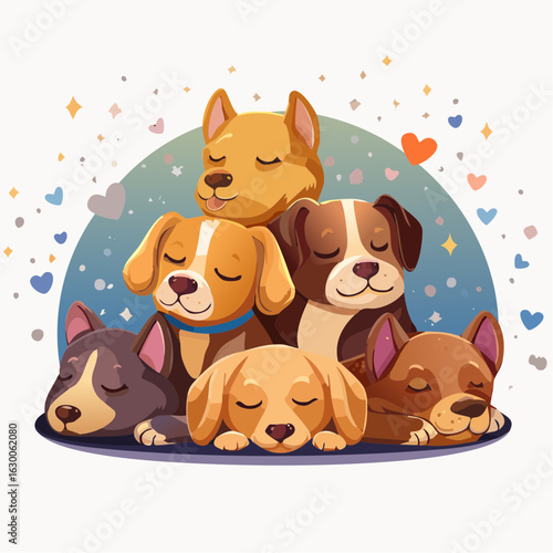 A heartwarming vector icon illustrating a group of dogs happily sleeping together, showcasing cozy cuddles, peaceful expressions, and the joy of canine friendship in a playful, cute design