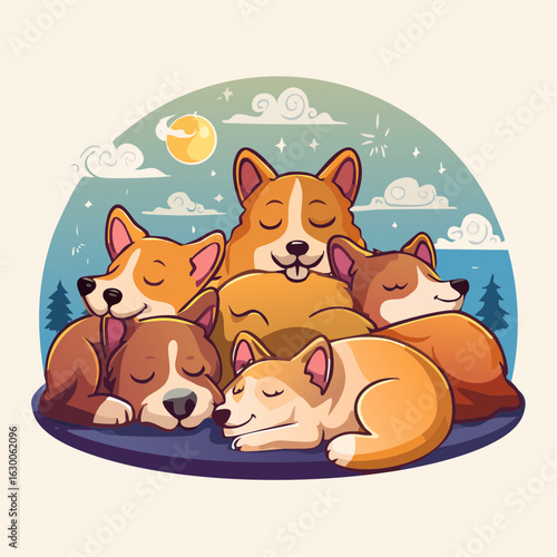 A heartwarming vector icon illustrating a group of dogs happily sleeping together, showcasing cozy cuddles, peaceful expressions, and the joy of canine friendship in a playful, cute design