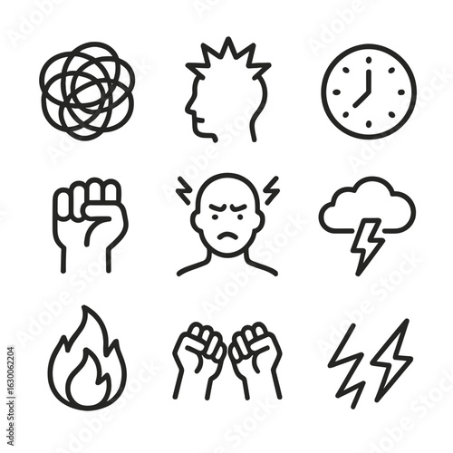 Stress Icons Grid. Outline icon set of stress: tangled lines, exploding head, ticking clock, tight grip, headache, cloud storm,